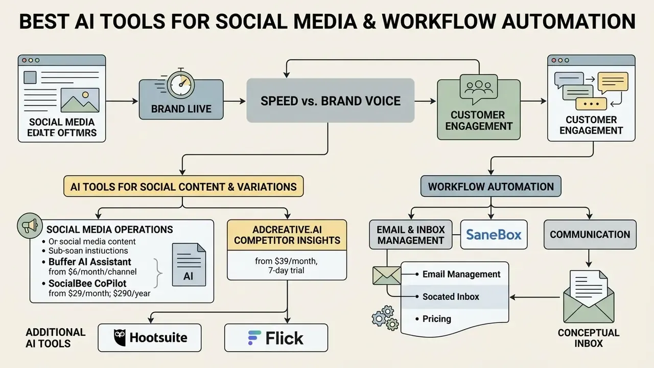 Flowchart mapping social media content creation and workflow automation tools for effective engagement