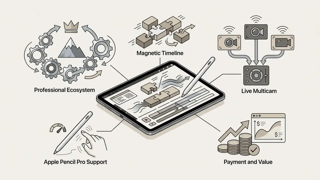 Tablet displaying editing tools with icons for professional ecosystem, magnetic timeline, multicam, and pricing