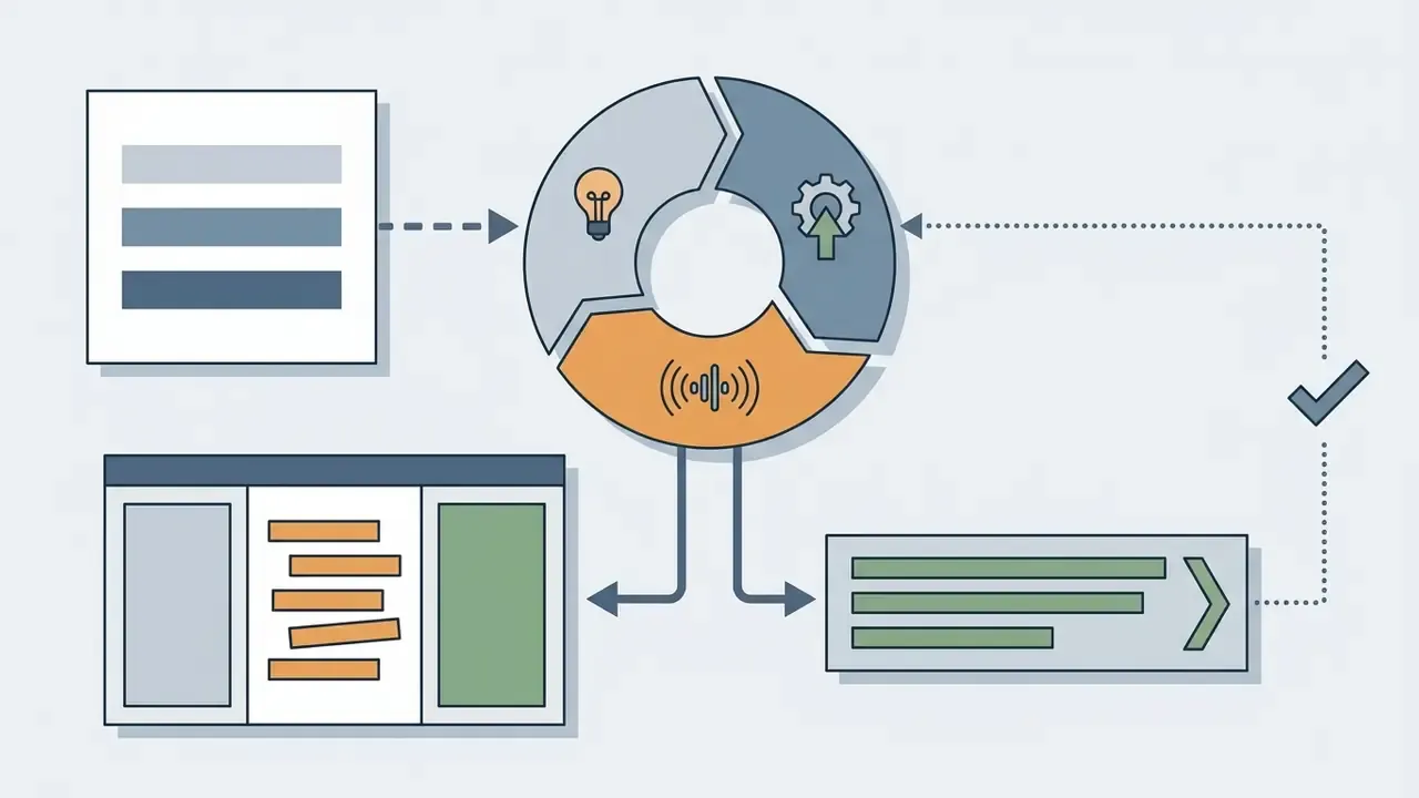 Circular process diagram showing ideation, automated processing, and speech synthesis for video output