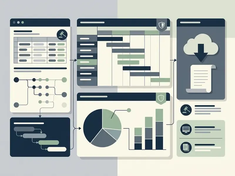 Data visualization dashboard showing legal case tracking workflows, charts, and document export options