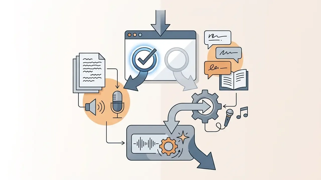 Text documents and microphone icons feeding into a digital interface that processes lyrics and audio