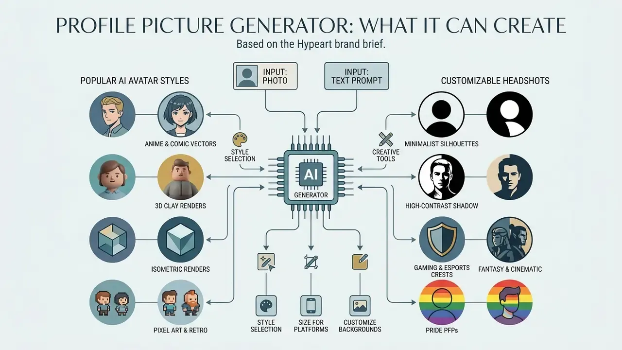 Diagram showing how an AI generator processes photos or text prompts into diverse avatar and headshot styles