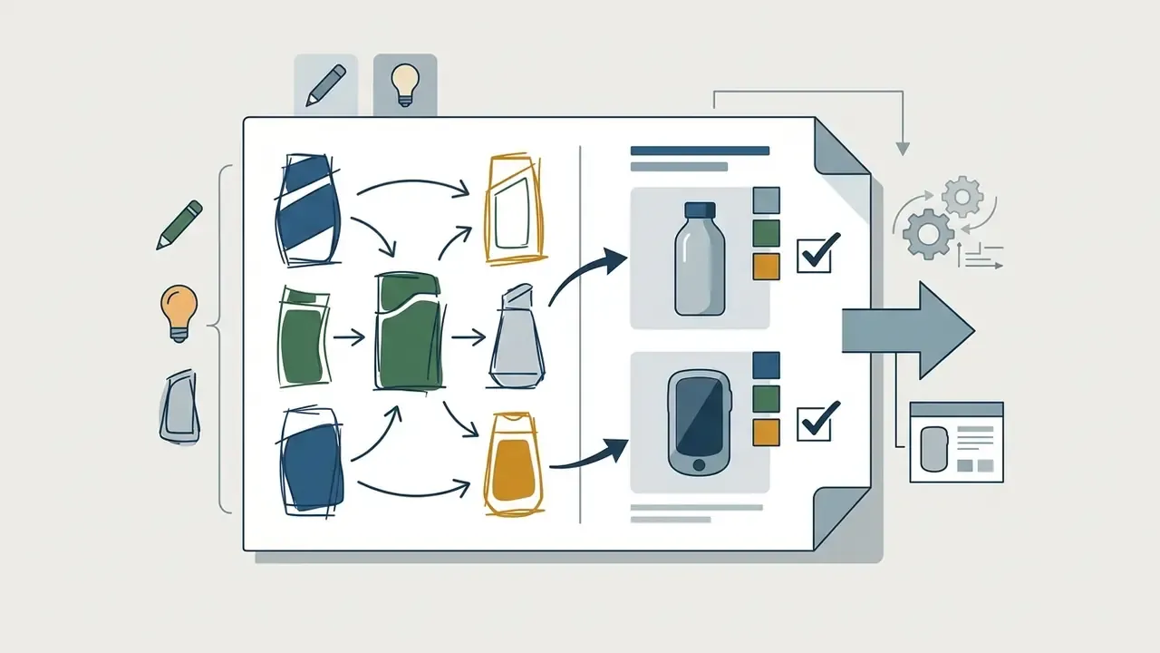 Sketch process showing bottle silhouettes evolving into refined product renderings with color palettes