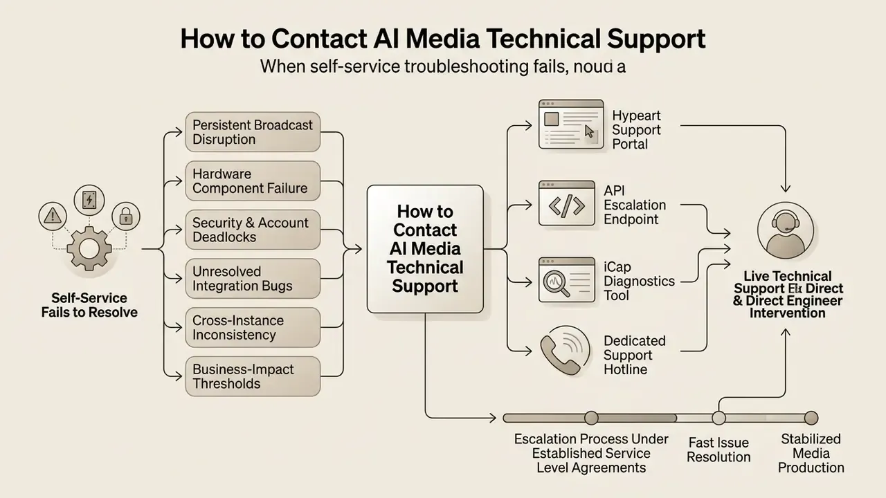 Escalation path from self-service failure to live AI Media Technical Support and engineer intervention