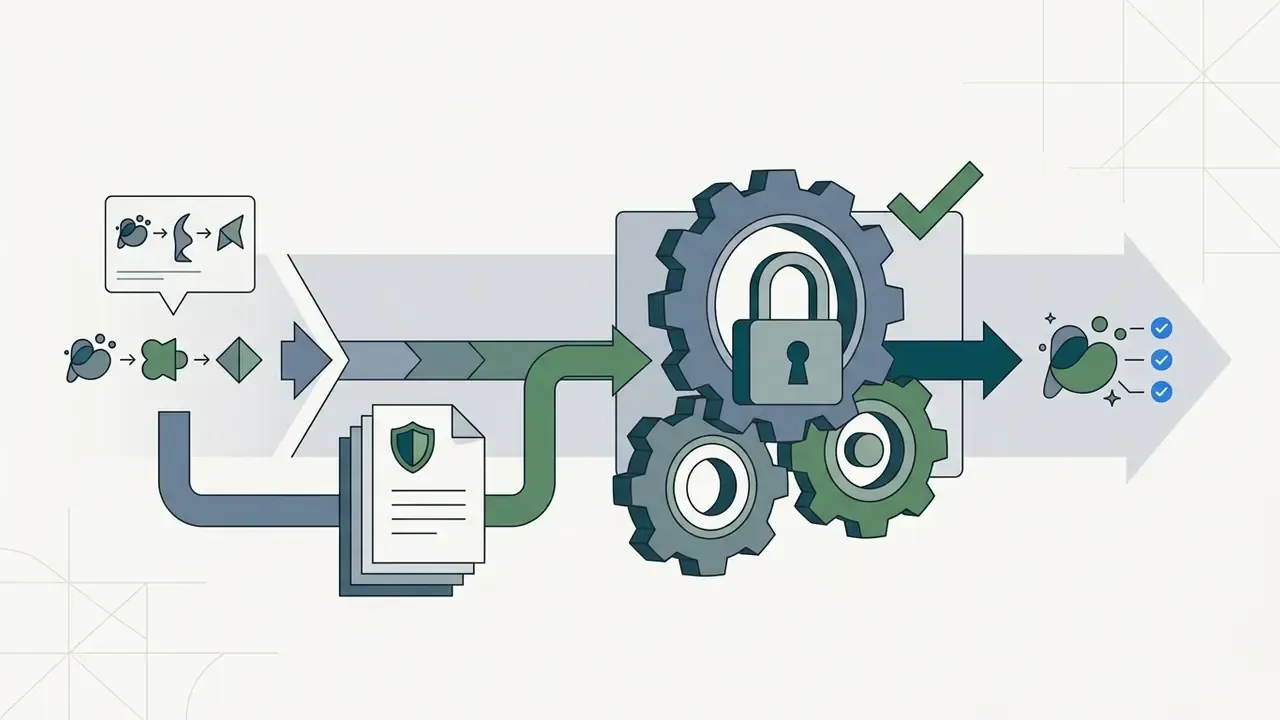 Abstract shapes and a shielded document moving through interlocking gears toward a final checkmarked output