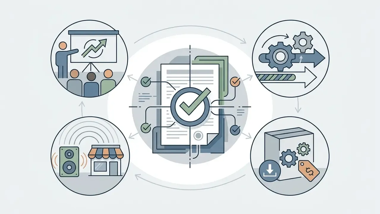 Central document icon surrounded by circular icons representing business, media, and commercial use cases