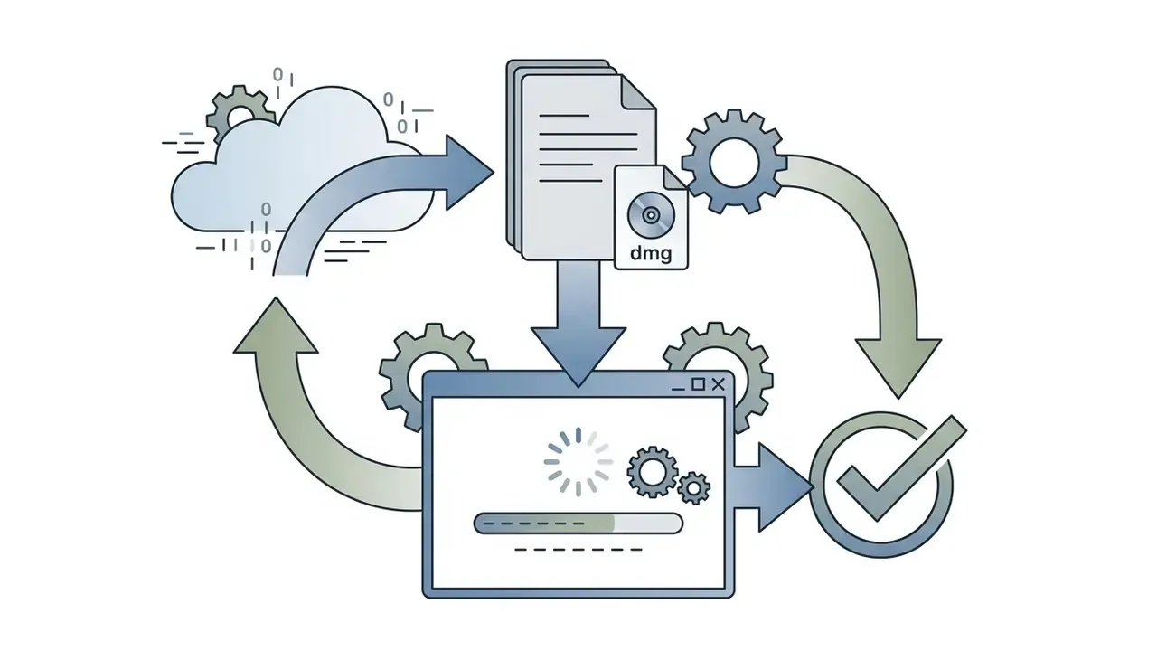 Cloud icon and dmg file package feeding into a software installation window with a progress bar