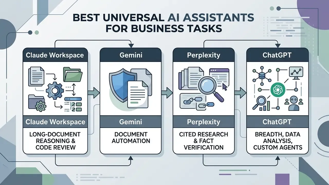 Flowchart connecting Claude, Gemini, Perplexity, and ChatGPT with their specific business use cases