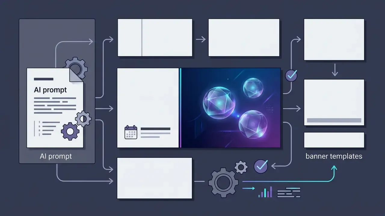 Document with gears feeding into a central design frame and branching out to various banner templates