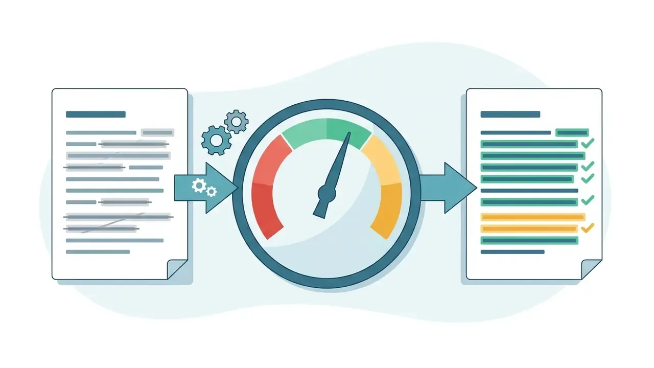 Draft document passing through a gauge mechanism to become a reviewed file with checkmarks
