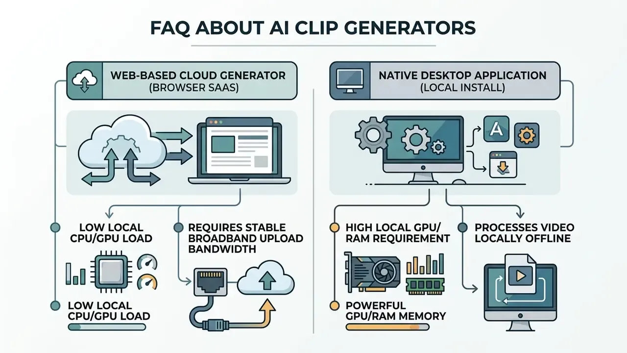 Side-by-side technical breakdown of cloud-based versus local desktop video processing requirements