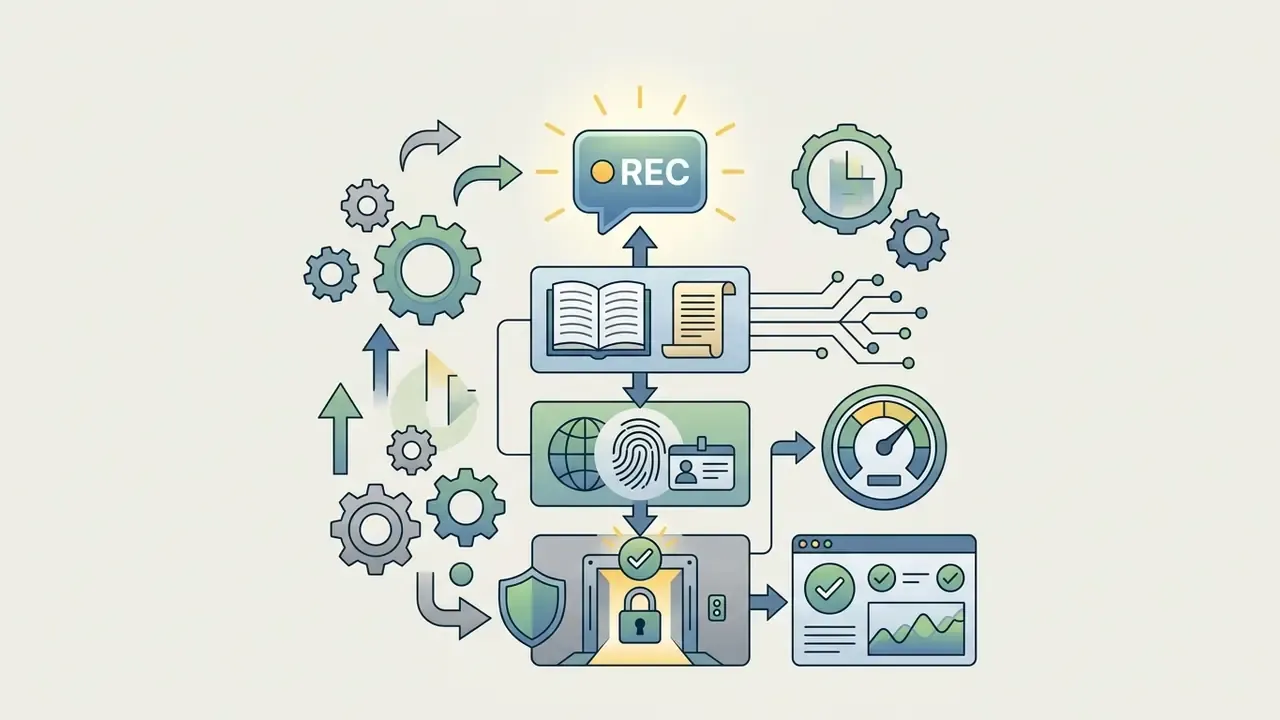 Flowchart showing prompt recording, data documentation, identity verification, and secure access controls