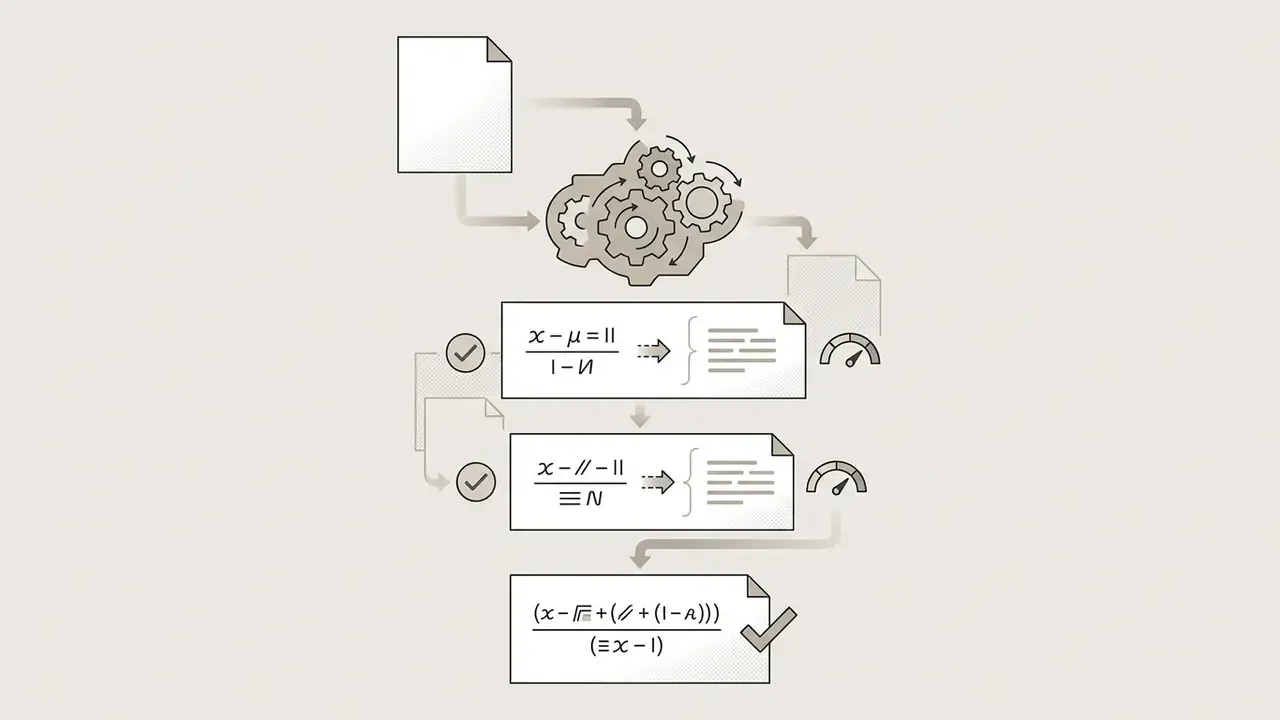 Mathematical expressions being processed through gears and paired with natural language explanations