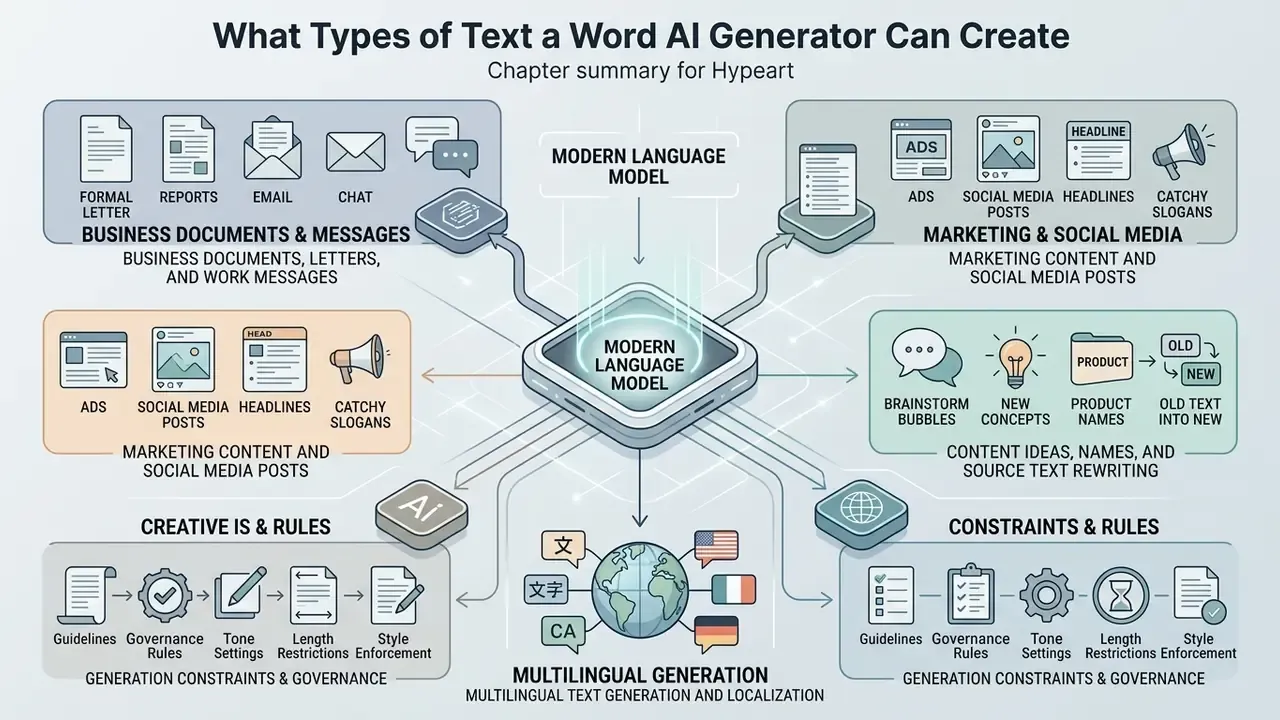 Central language model hub connecting to diverse document types, marketing content, and multilingual tools