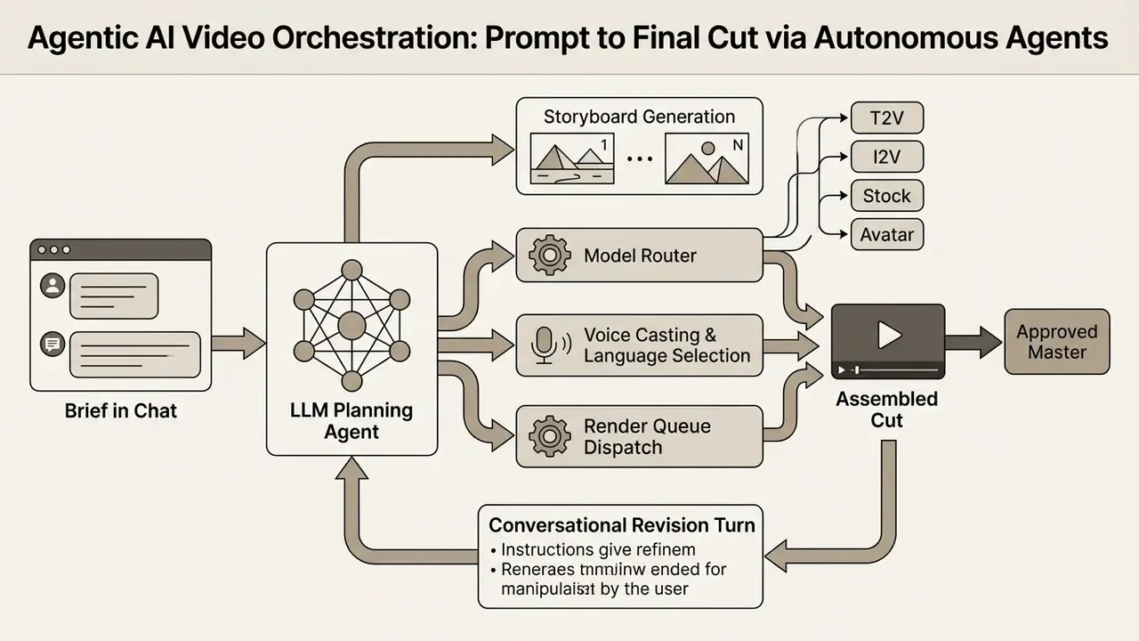 Workflow diagram showing how a chat brief is processed by an LLM agent into a series of video production steps