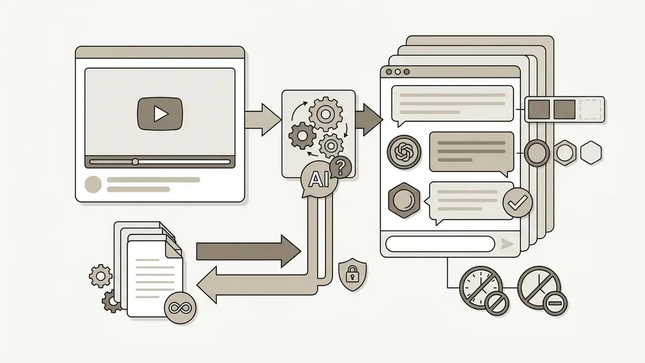 YouTube video player feeding into a processor that generates chat windows with usage limit icons
