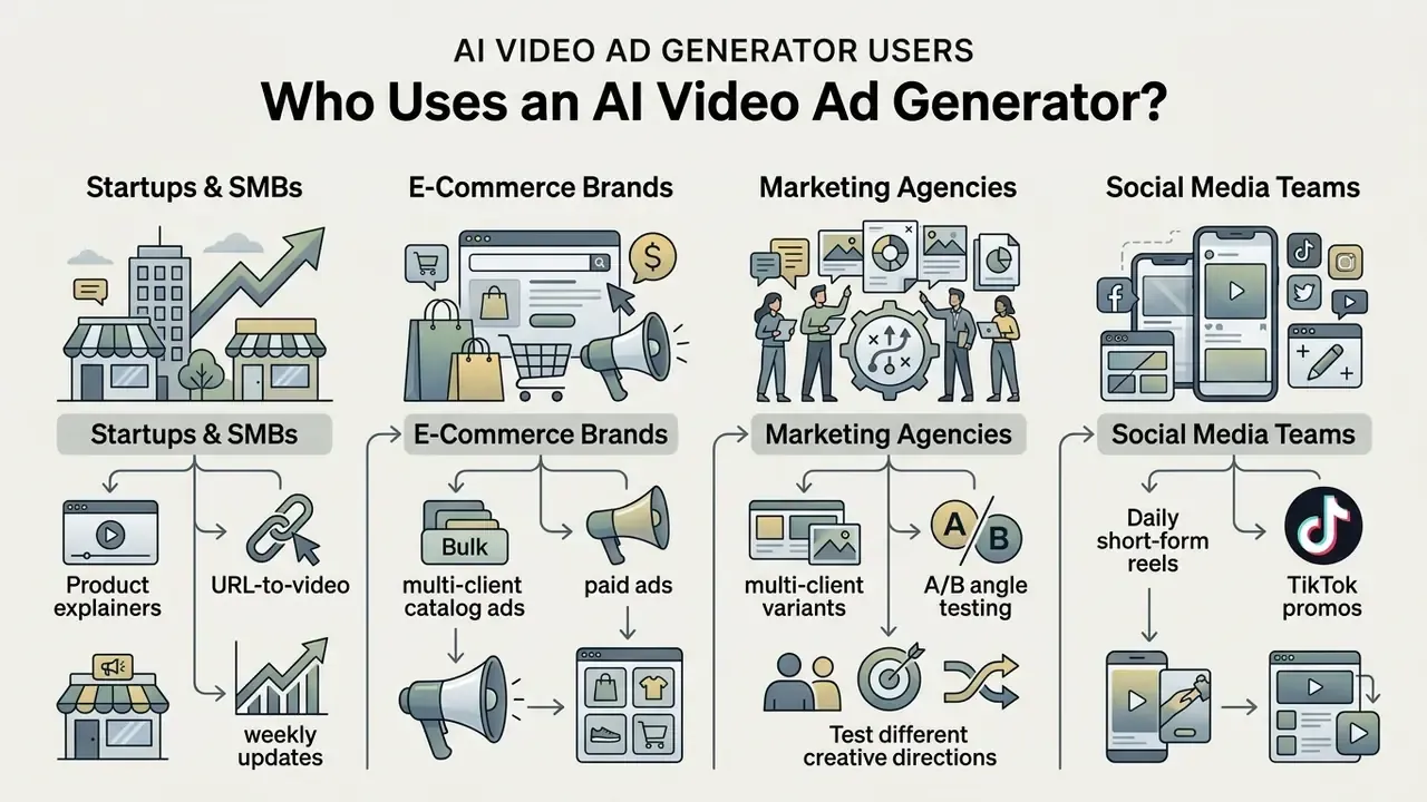Infographic showing how startups, e-commerce brands, agencies, and social media teams use an AI video tool