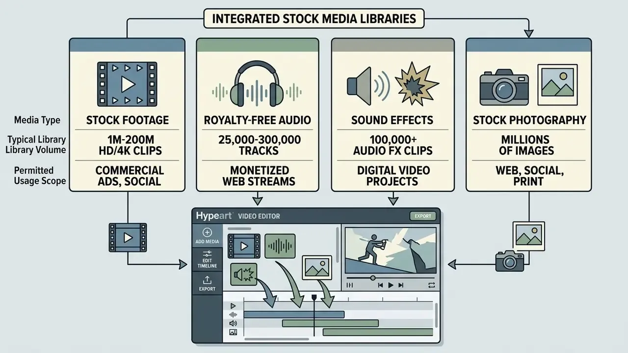 Comparison of stock media types, library volumes, and usage scopes feeding into an editing interface