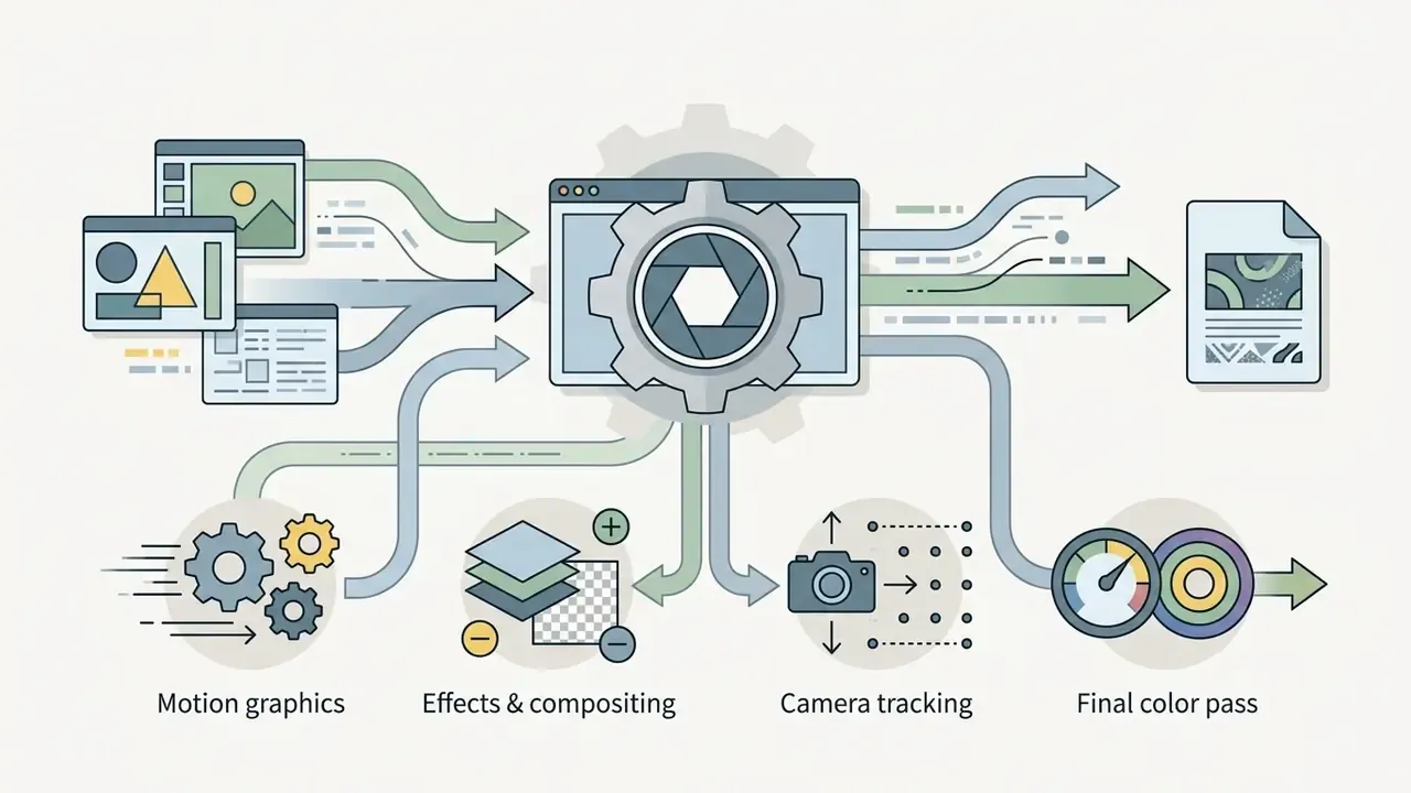 Central software interface processing various inputs into a final output through motion and color tools