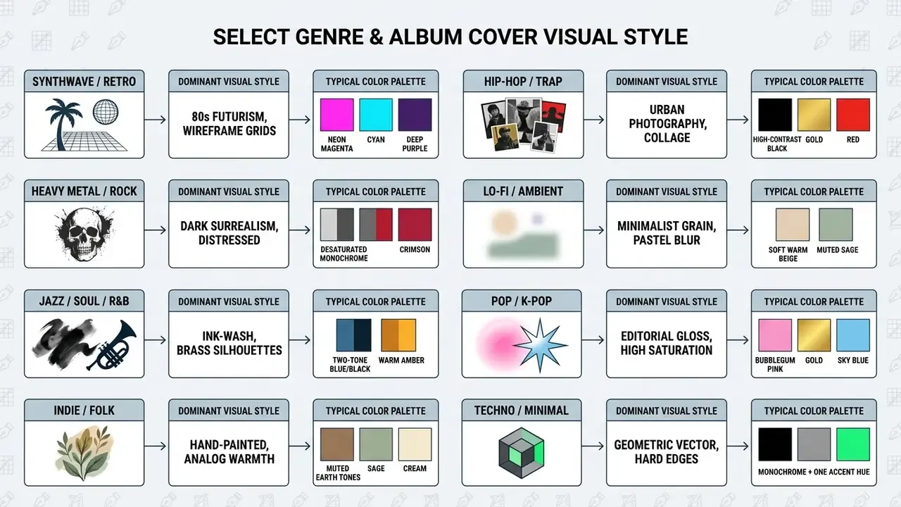 Table mapping music genres to their corresponding visual styles and color palettes