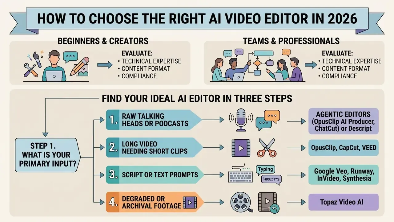 Visual guide for selecting AI video software based on user type and specific input requirements