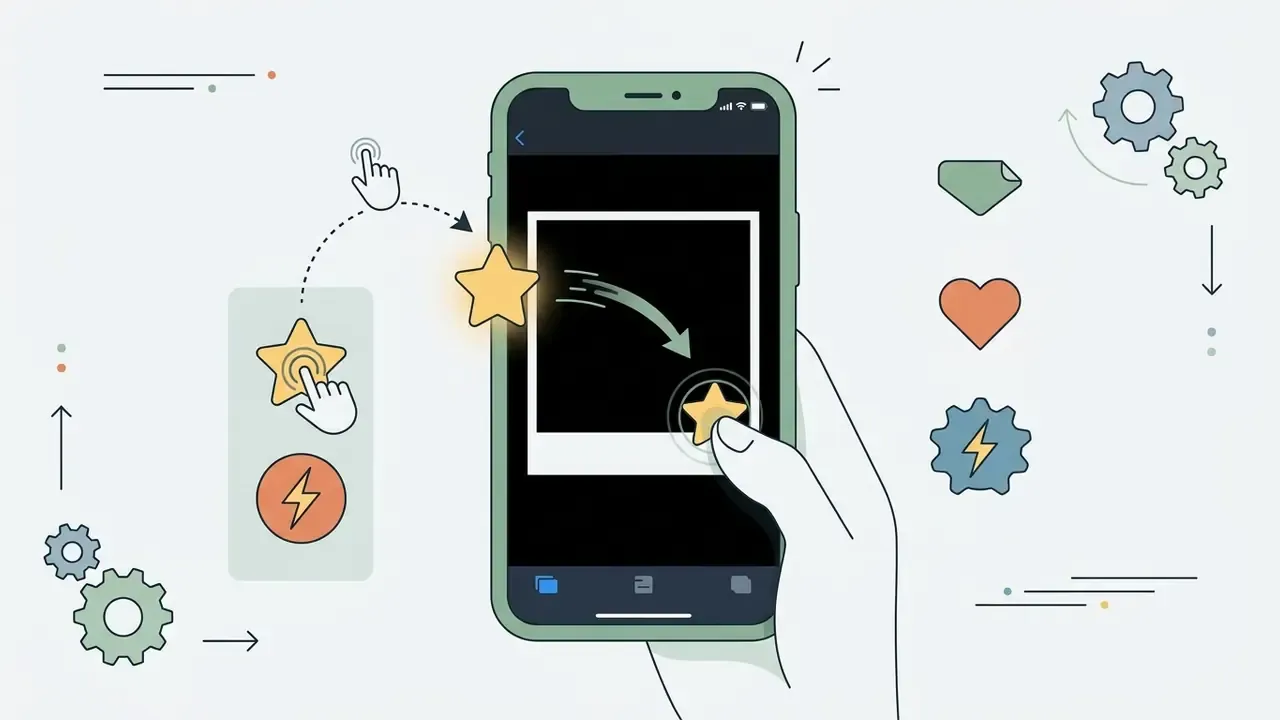 Hand dragging a star sticker from a menu onto a photo displayed on an iPhone screen