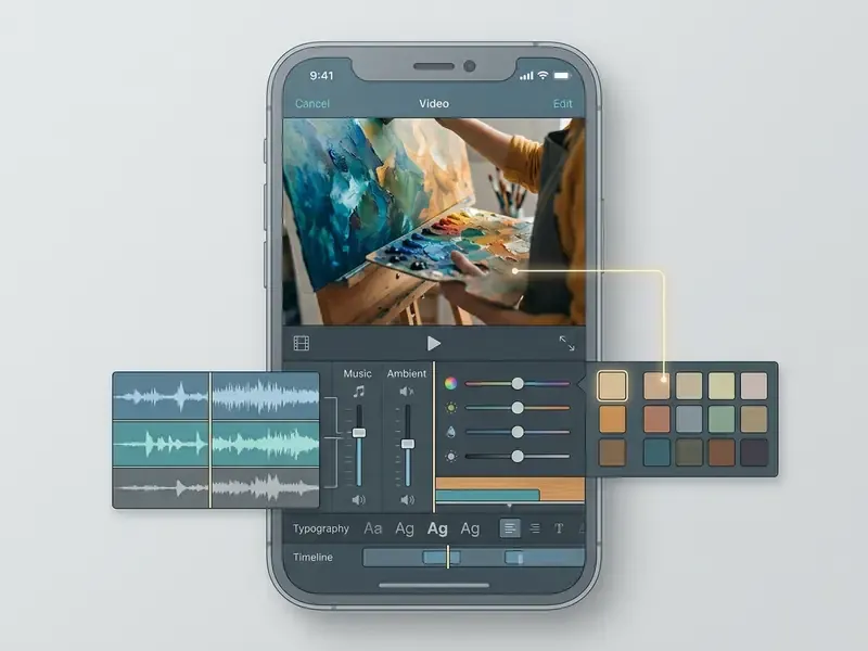 Smartphone interface displaying audio track waveforms and color grading presets for video editing