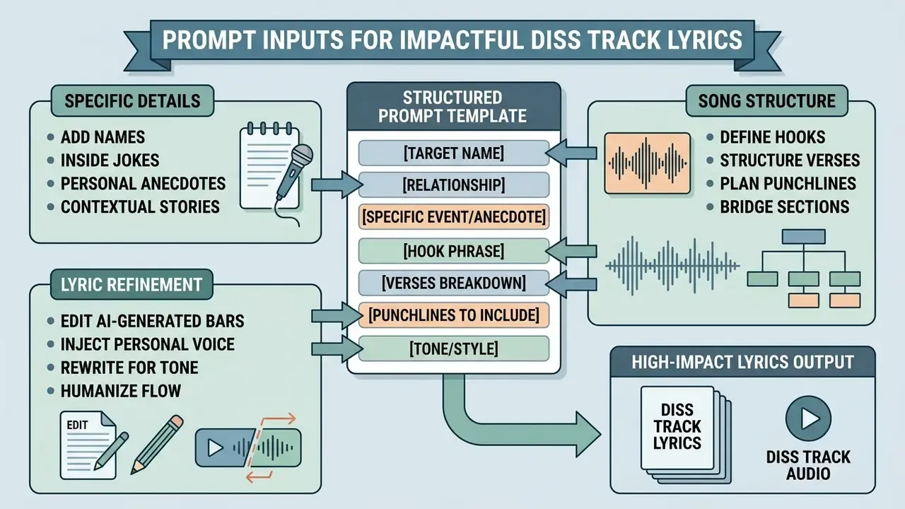 Infographic detailing a prompt template with sections for specific details, song structure, and refinement