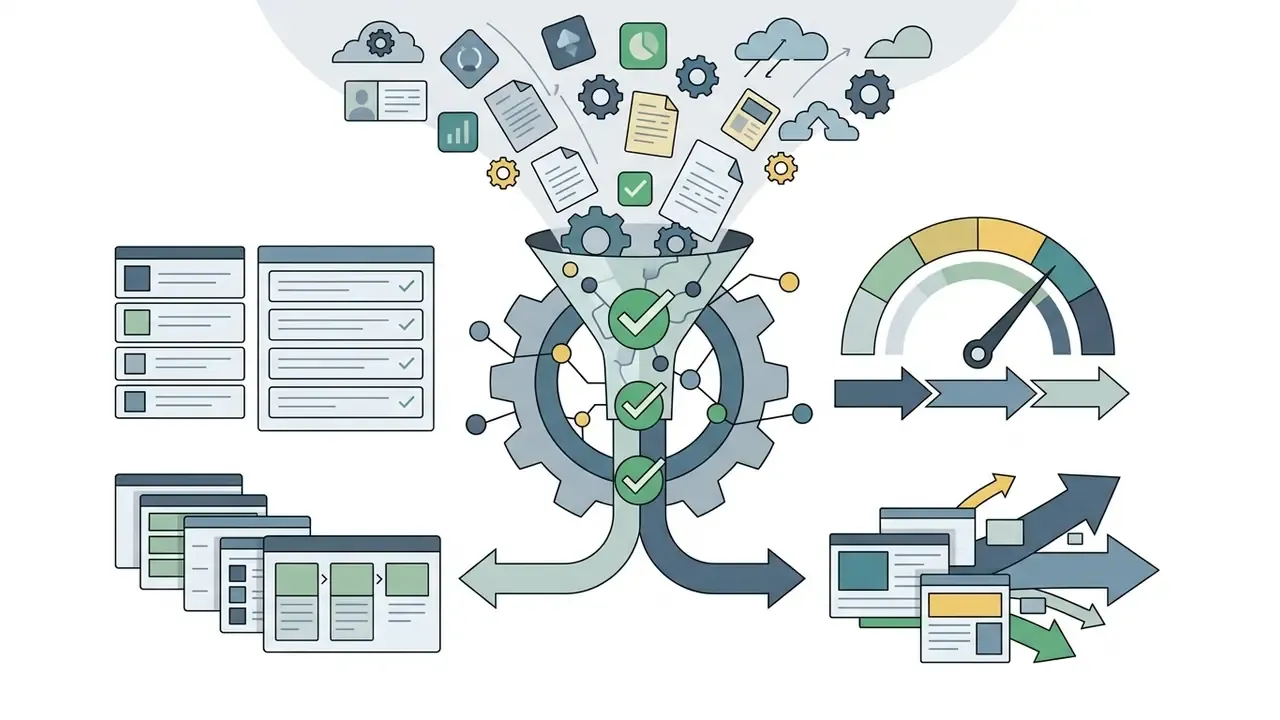 Documents and icons funneling through a gear mechanism into two distinct paths with gauge and arrow indicators