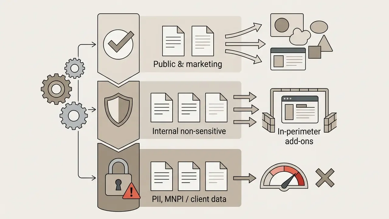 Three tiers of data sensitivity being processed through gears into restricted usage and storage zones