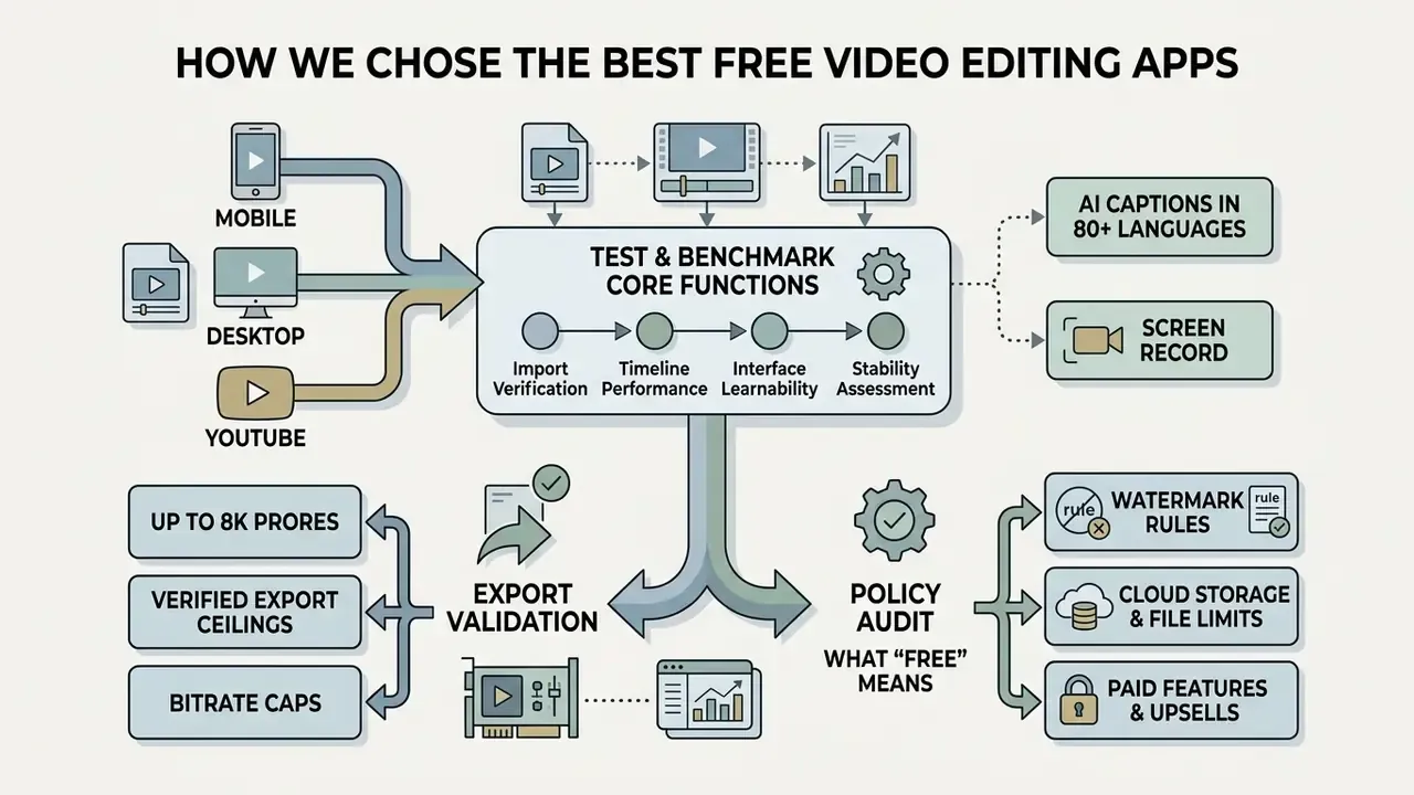 Flowchart detailing the evaluation process for testing video editing software and its free features