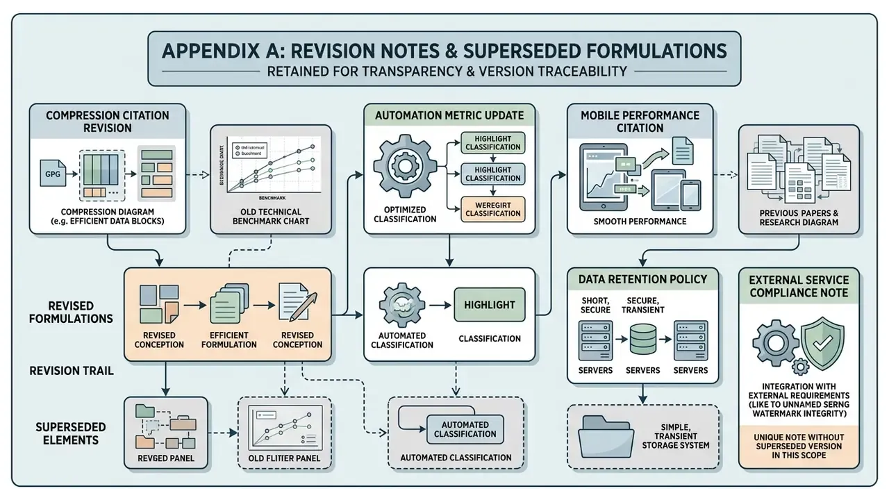 Flowchart documenting technical revisions and superseded research metrics for system transparency