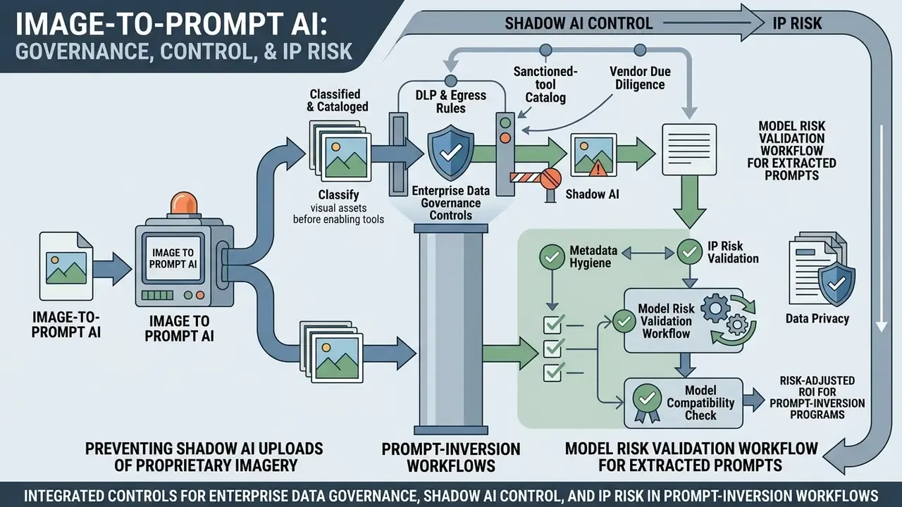 Systematic diagram showing data governance controls for managing prompt inversion and IP risk