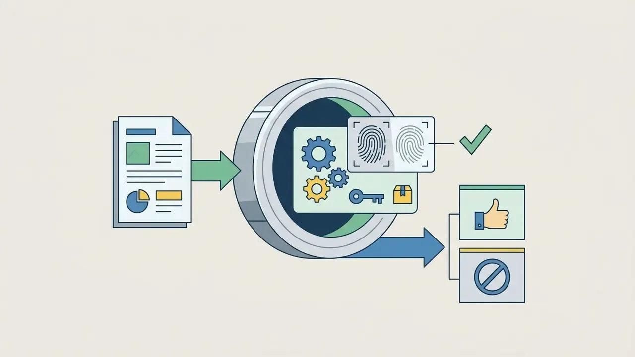 Document feeding into a gear processor with fingerprint and key icons branching into approval or block icons