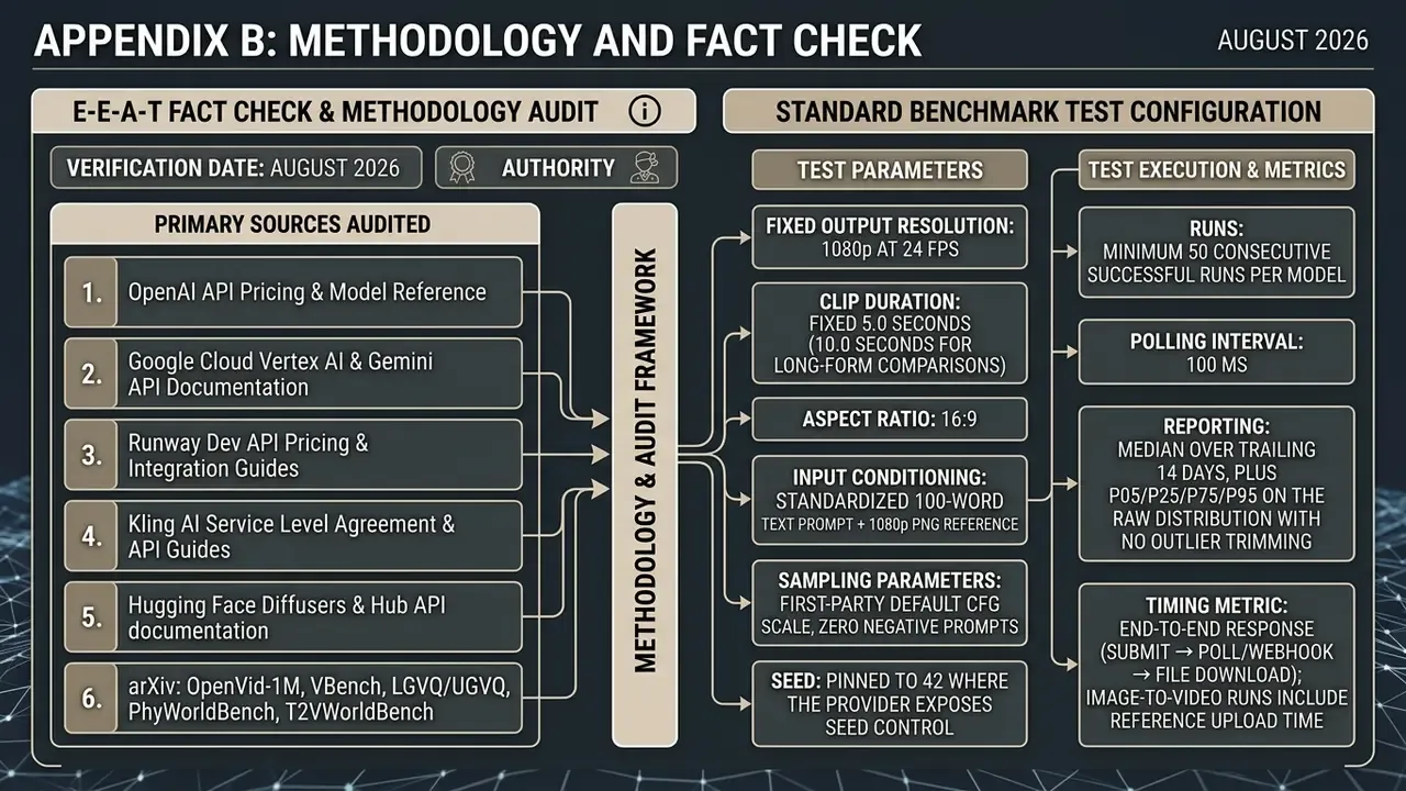 Summary of primary sources and standard benchmark test configurations for an AI Video API audit