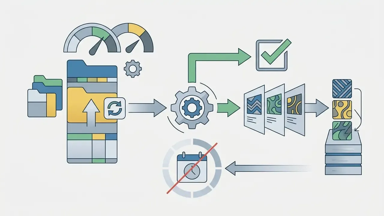 Folders and update icons feeding into a gear processor that generates patterned files for database storage