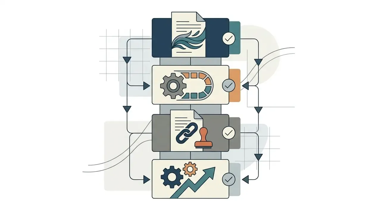 Vertical stack of document and gear icons connected by directional arrows and checkmark status indicators