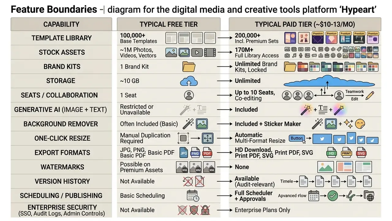 Comparison chart detailing differences in features and capabilities between free and paid subscription tiers