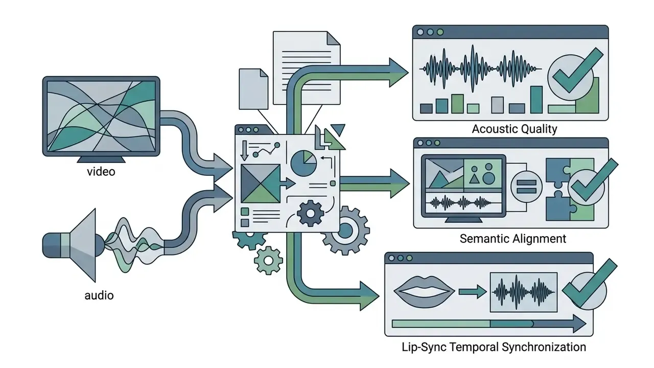 Video and audio inputs processed through a central hub into three distinct quality assessment metrics