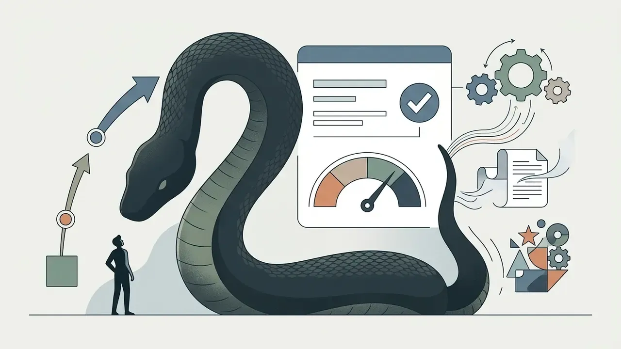 Tiny person standing before a colossal snake next to a dashboard with a gauge and abstract icons