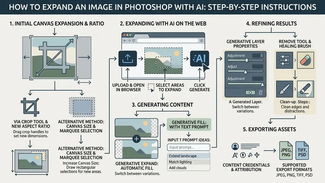 Step-by-step visual guide showing canvas expansion, web-based AI generation, and asset export workflows