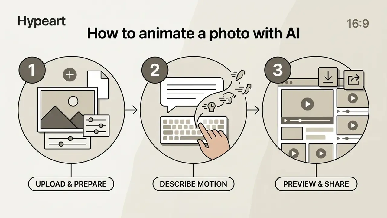 Three step process showing image upload, text prompt entry for motion, and video preview and sharing