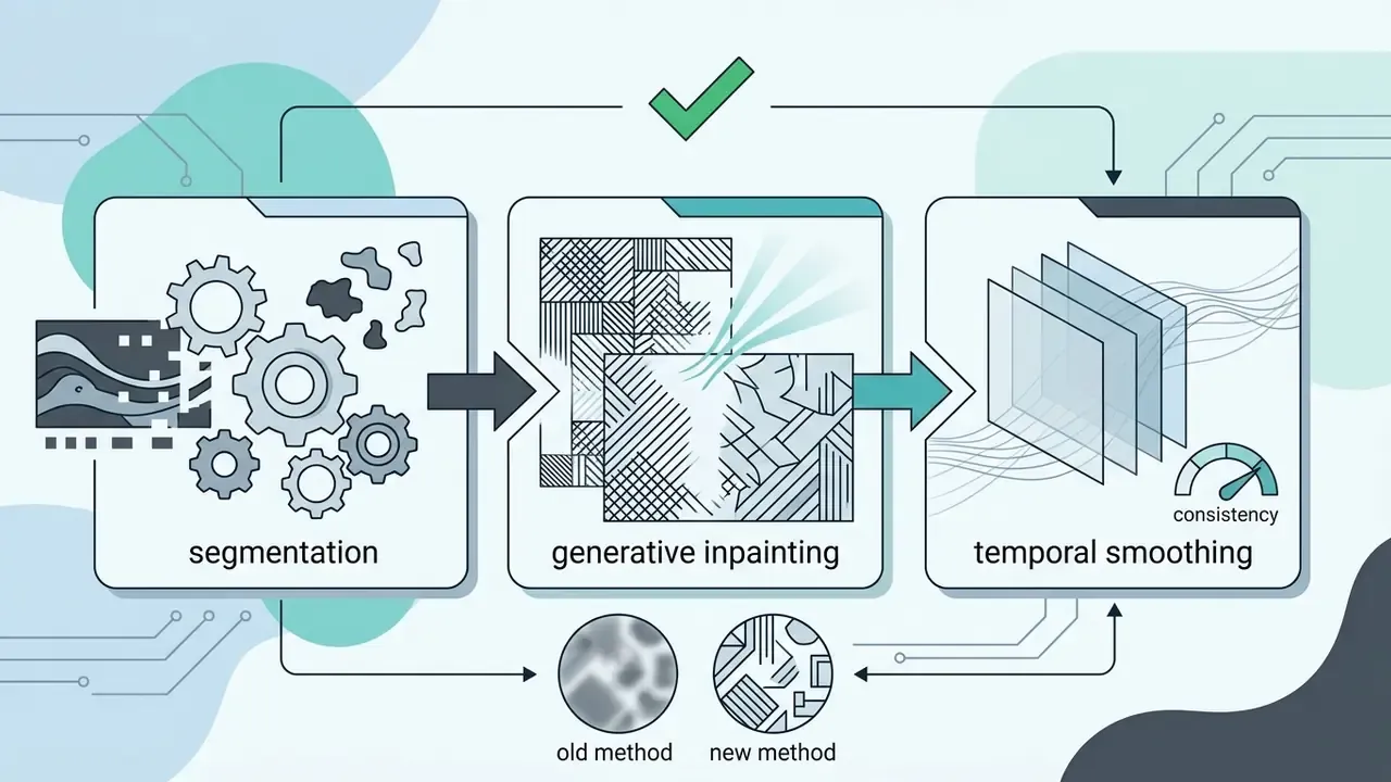 Diagram showing the three stages of an online video watermark remover tool using AI processing