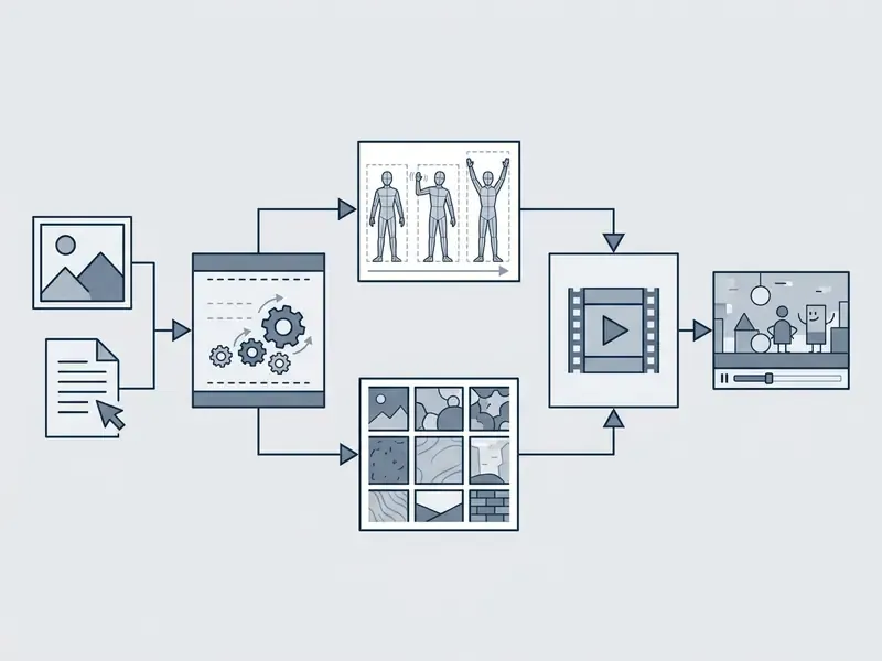 Diagram illustrating the technical steps from initial inputs to character animation and final video rendering