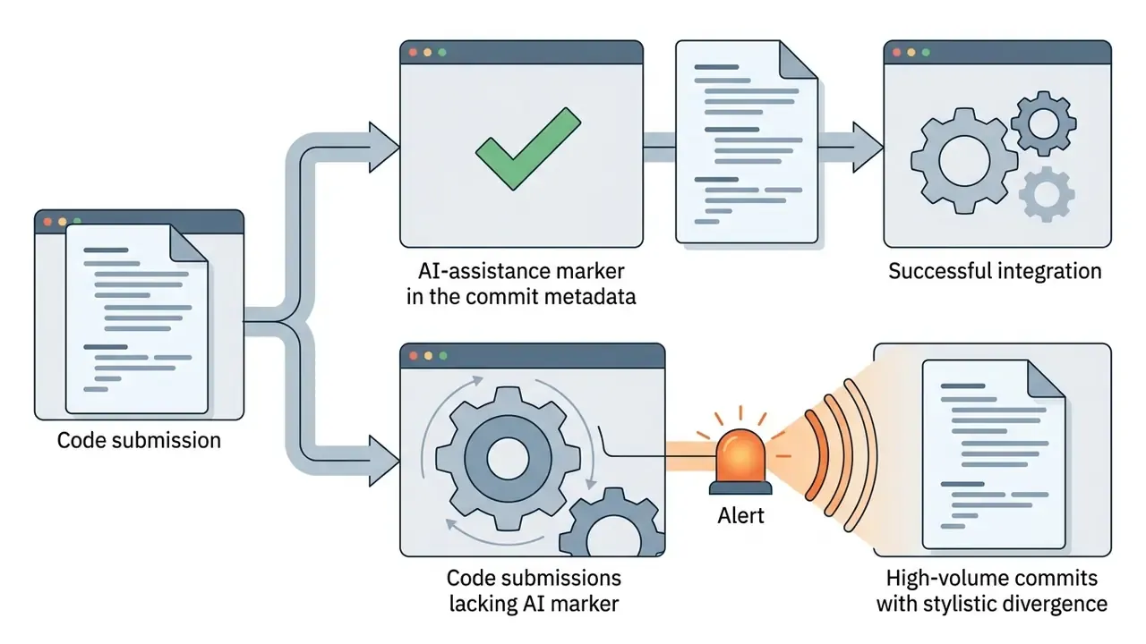Code submissions branching into either successful integration or an alert for stylistic divergence