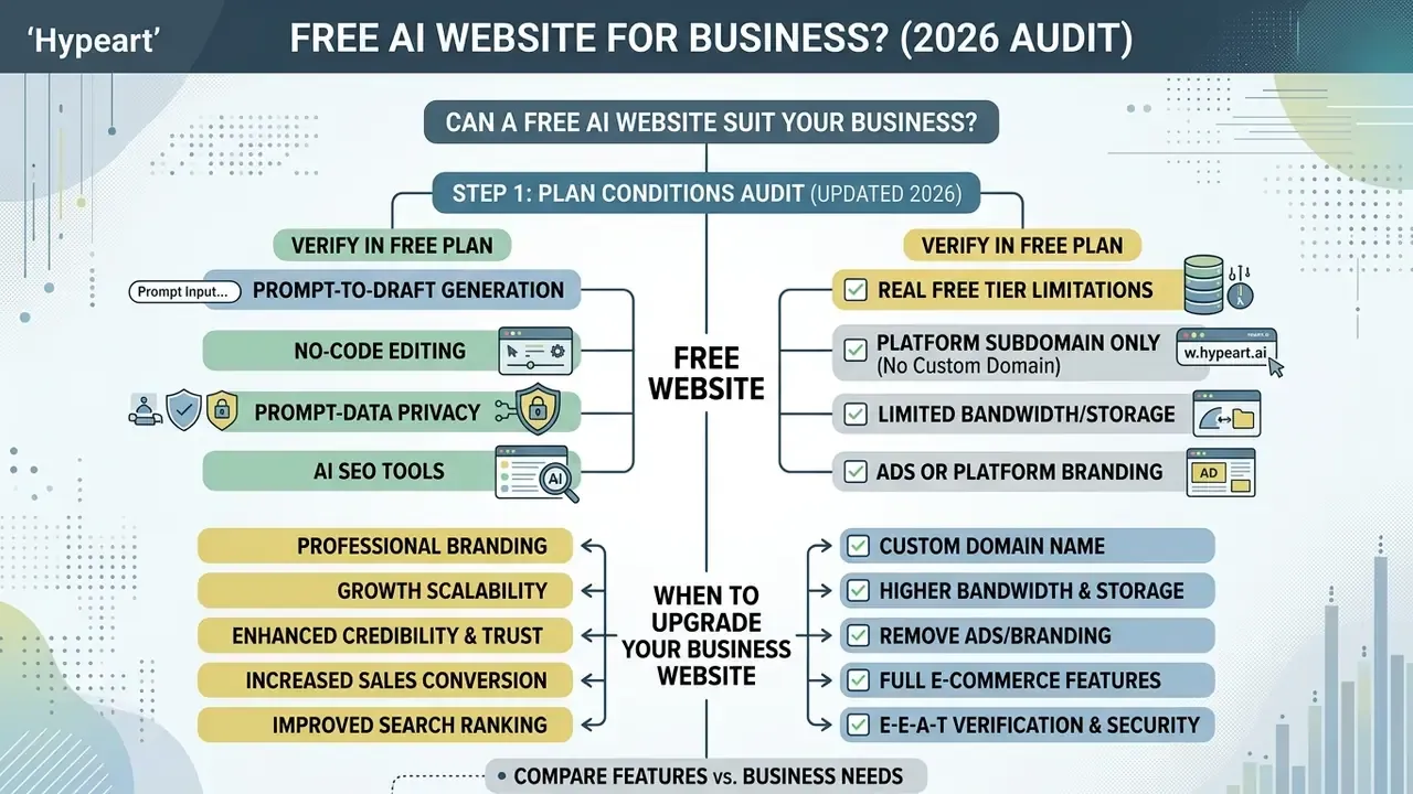 Comparison chart outlining free AI website plan limitations alongside reasons to upgrade for business needs