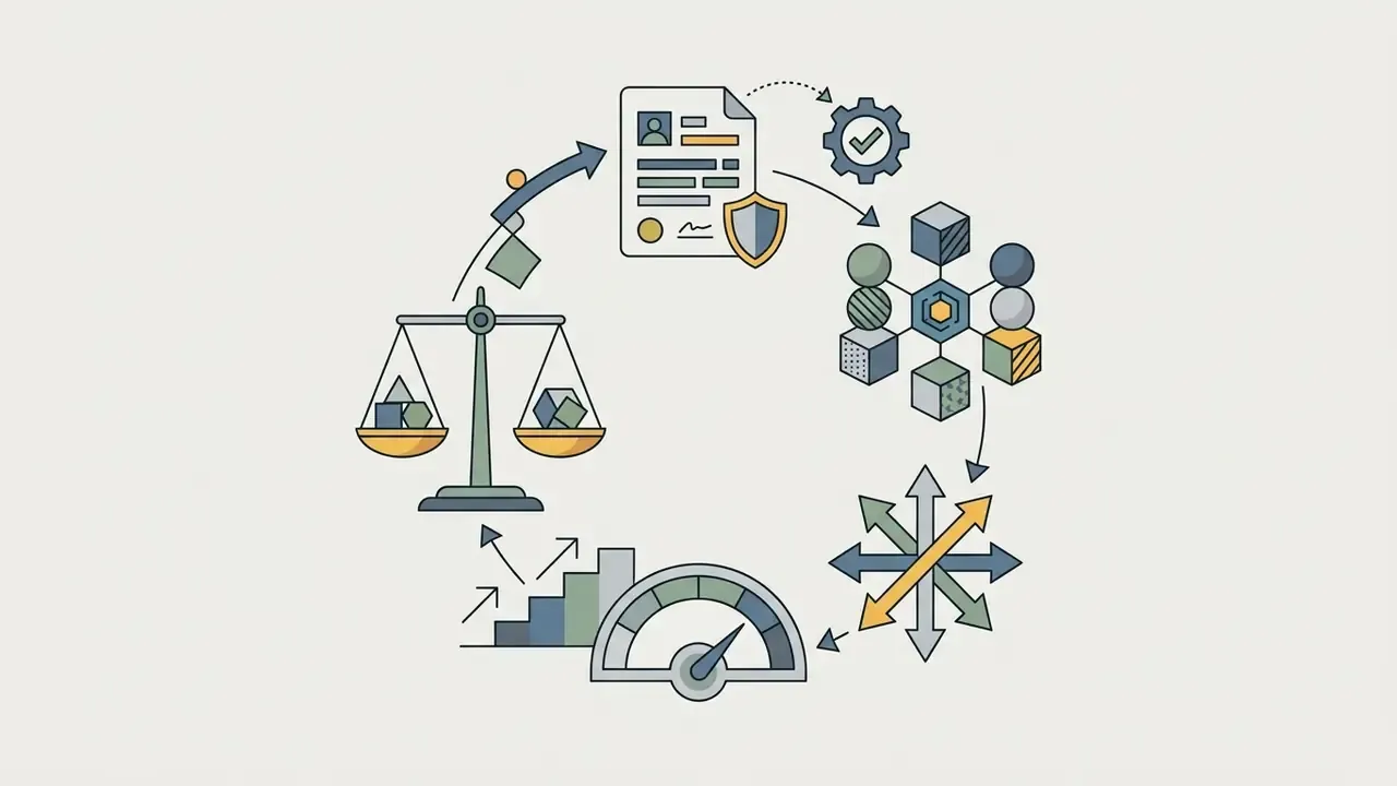 Circular process showing a document with a shield, geometric nodes, directional arrows, and a scale