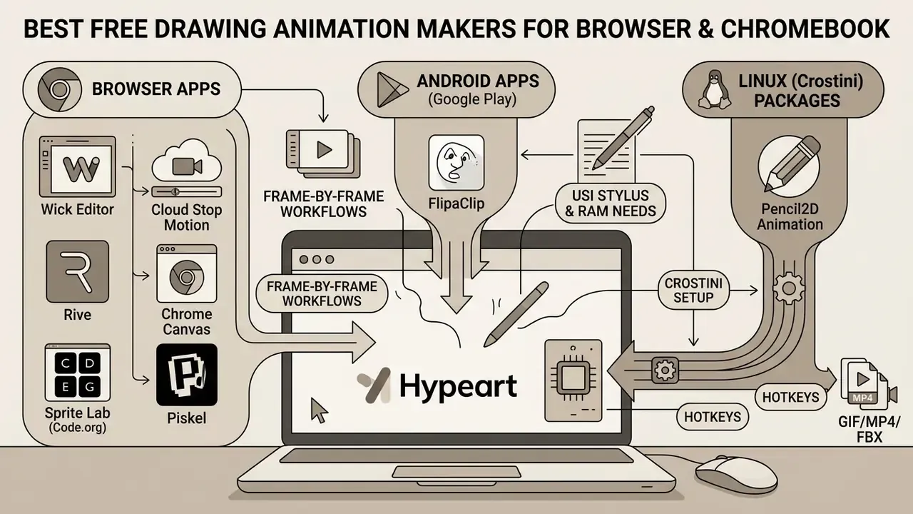 Diagram showing browser apps, Android apps, and Linux packages for use as a drawing animation maker
