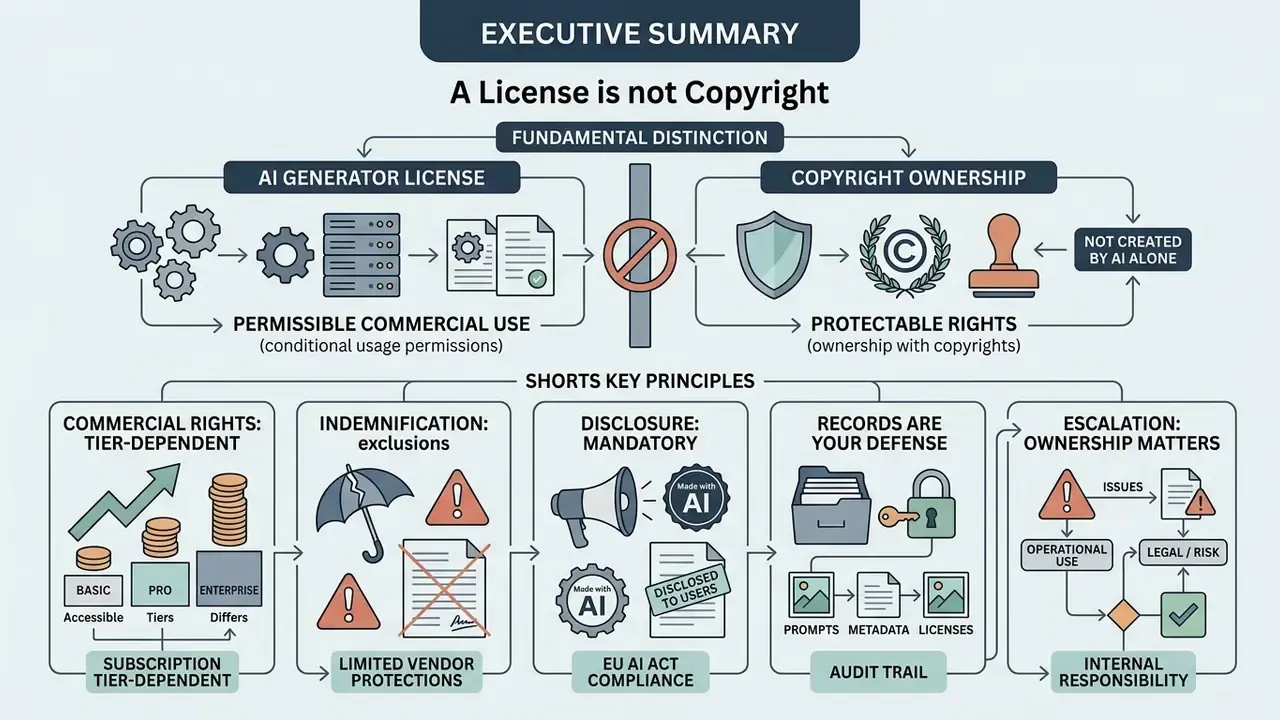 Infographic showing the distinction between AI generator licenses and copyright ownership for commercial use
