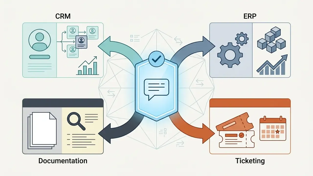 Conversational interface icon linked to CRM, ERP, documentation, and ticketing system modules